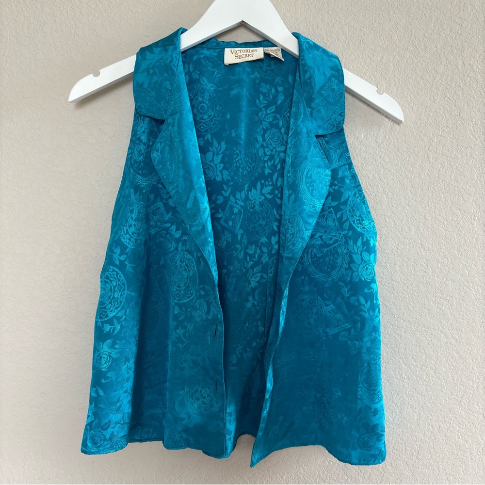 vintage victoria’s secret gold label blue satin jacquard vest women’s size small